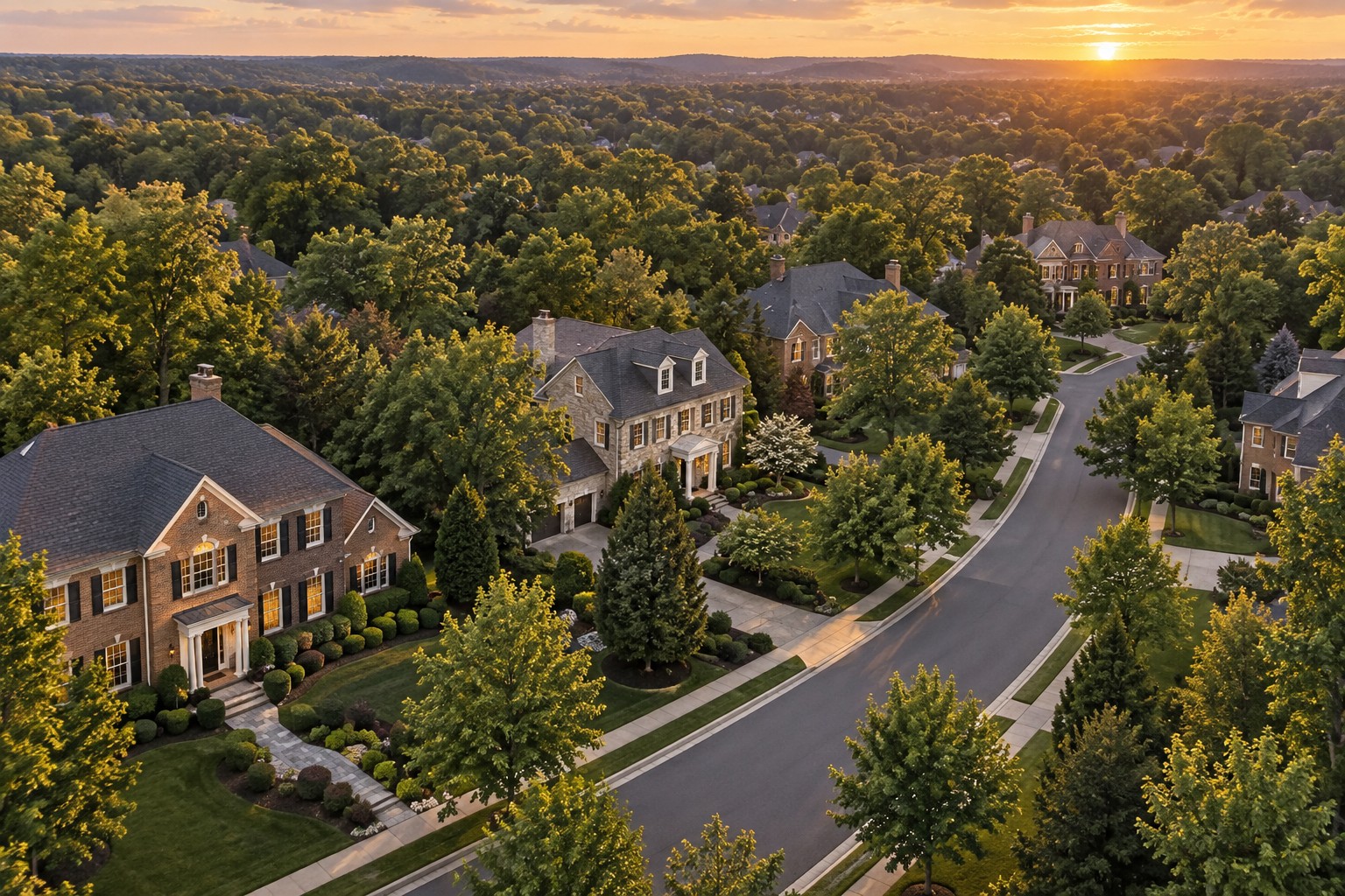 An upscale Northern Virginia neighborhood street at golden hour
